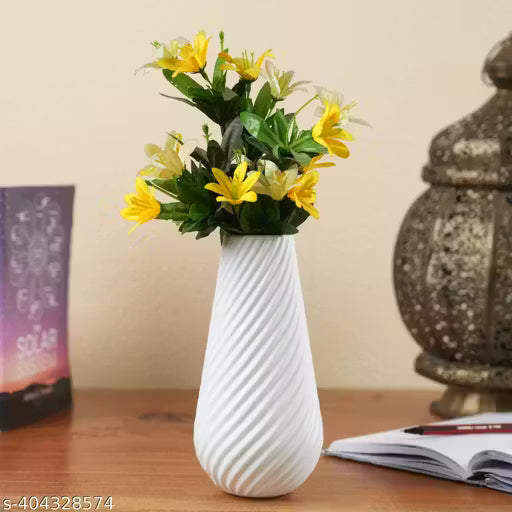Luxary Looking Low Cost Decorative Flower Vase for Real & Artificial Flowers for Home Office Decor | Unbreakable Flower Pot for Living Room, Bedroom, Study Table I White Plastic Pot for Birthday, Anniversary , Table Decor Gift for Decoration I