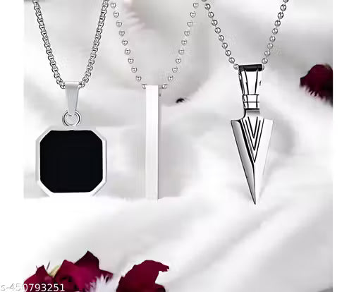 Minimal Men's Pendant Necklace Combo: Black Octagon, Silver Bar & Arrowhead Designs