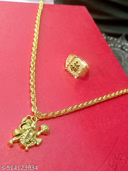 FREE Ring with Hanuman ji  Gold Chain pendent FREE MOR RING PACK OF 3 ITEM