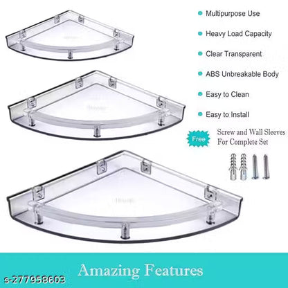 Multi Use Bathroom Corner Set ( Size 5/7/9 Inch) Plastic Wall Shelf (Number of Shelves - 3, White)