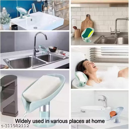 Modern Style Leaf Shape Soap Holder Stand (Pack of 2) Self Draining for Bathroom Kitchen Wall Mounted Plastic Soap Dish Tray Cady Bathroom Accessories Set No Drilling Multi Color (Leaf-SOAP-Dish-2)