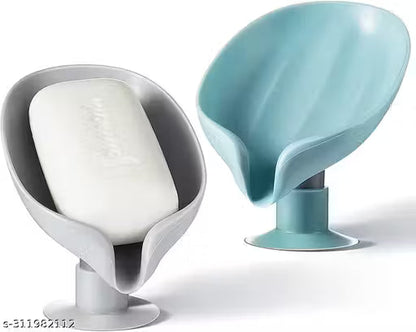 Modern Style Leaf Shape Soap Holder Stand (Pack of 2) Self Draining for Bathroom Kitchen Wall Mounted Plastic Soap Dish Tray Cady Bathroom Accessories Set No Drilling Multi Color (Leaf-SOAP-Dish-2)