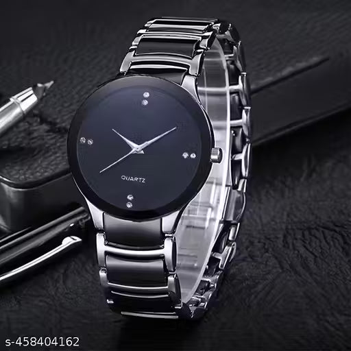 Elegant   Black Dial Latest Generation Stainless Steel Linked Chain Black Silver Strap Stylish Wrist Watch for Men and Boys